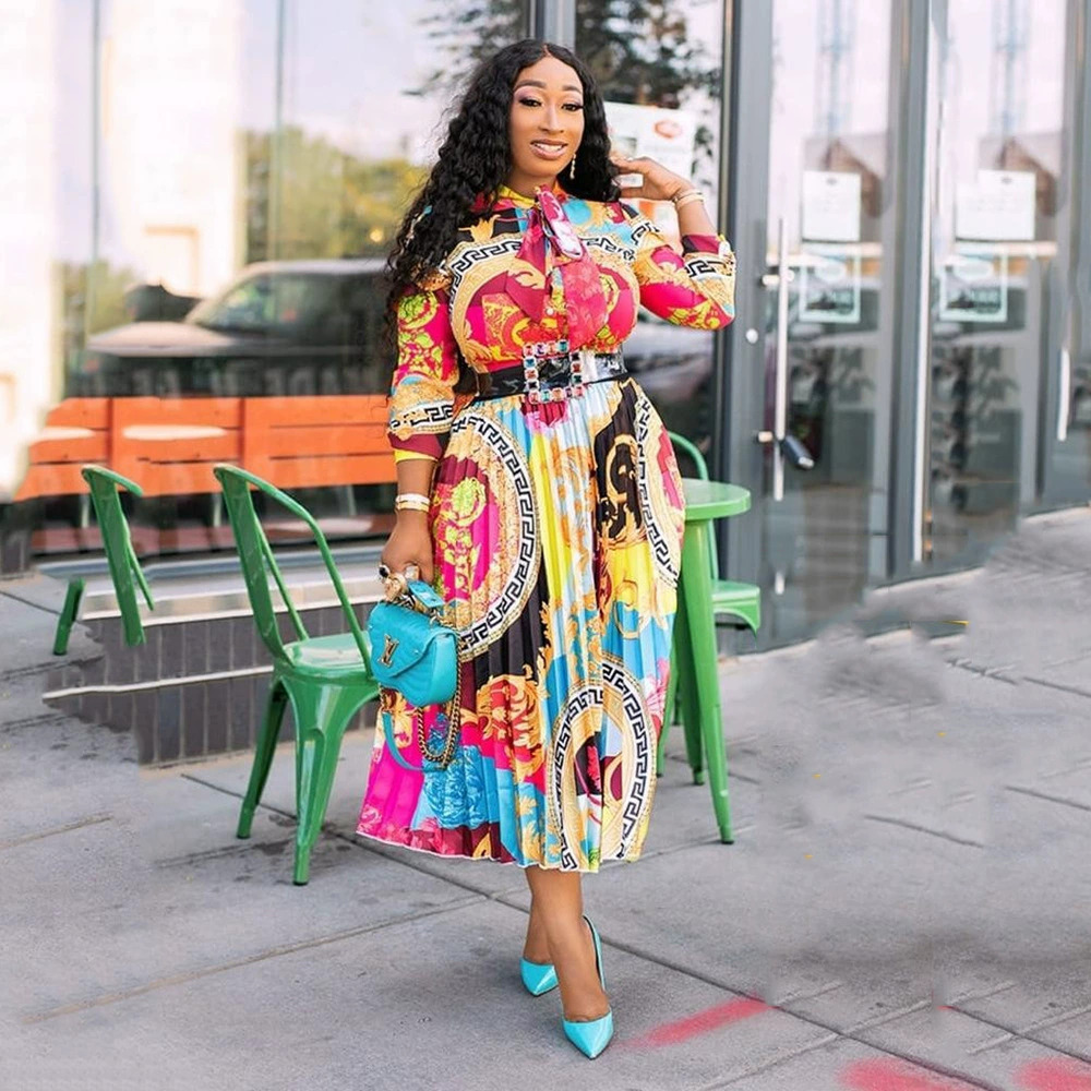 ZARA Plus African Print Bow Collar 3/4 Sleeve Midi Dress